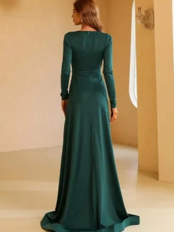 Plunge Maxi Dress Long Sleeves Side Slits Pleated Prom Dresses