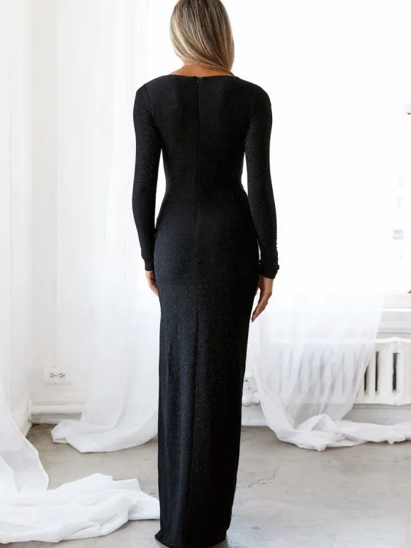 Plunge Maxi Dress Ring Detail High-Slit Strong Shoulder Prom Dresses