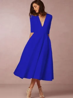 Plunge Midi Dress Half Sleeves Pockets A-Line Prom Dresses In Burgundy