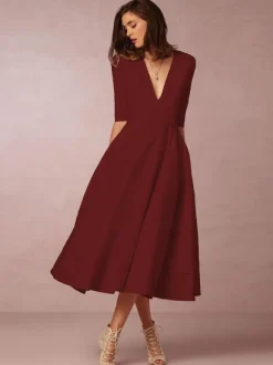 Plunge Midi Dress Half Sleeves Pockets A-Line Prom Dresses In Burgundy