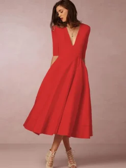 Plunge Midi Dress Half Sleeves Pockets A-Line Prom Dresses In Burgundy