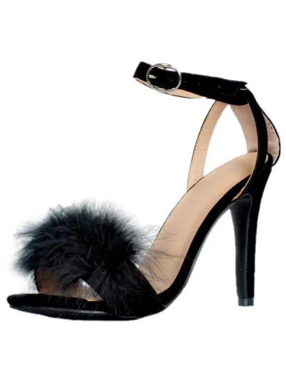 Plus Size Black Furry Ankle Strap High Heel Sandals