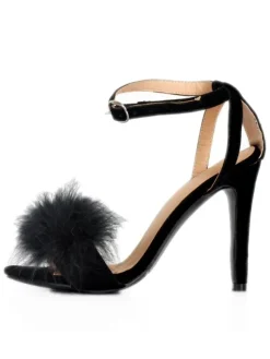 Plus Size Black Furry Ankle Strap High Heel Sandals