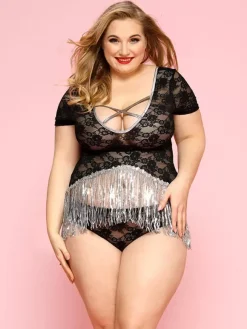 Plus Size Black Lace Black Shaping Sheer Floral Lingerie Set