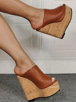 Plus Size Black Peep Toe PU Leather Wedge Mules