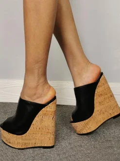 Plus Size Black Peep Toe PU Leather Wedge Mules