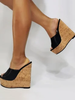 Plus Size Black Platform Peep Toe Wedge Sandals