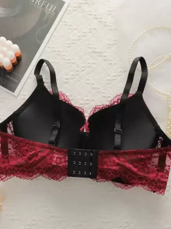 Plus Size Bra Adjustable Gather Push Up Underwire Bustiers Red Floral Print Polyester Casual Lace Lingerie