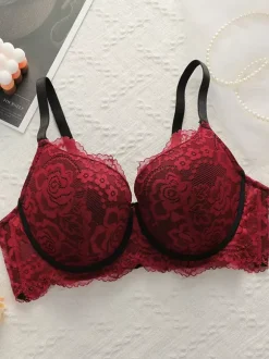 Plus Size Bra Adjustable Gather Push Up Underwire Bustiers Red Floral Print Polyester Casual Lace Lingerie