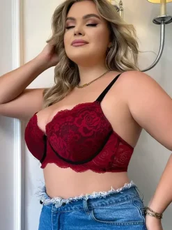 Plus Size Bra Adjustable Gather Push Up Underwire Bustiers Red Floral Print Polyester Casual Lace Lingerie