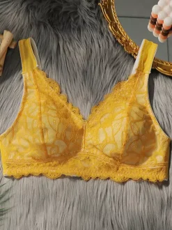 Plus Size Bra Wireless Push Up Yellow Full Coverage Casual Stretch Floral Print Lace Lingerie