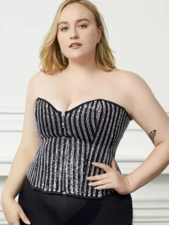 Plus Size Bustier Top Corsets Black Lace-up Zipper Stripes Indoor Chic Lingerie