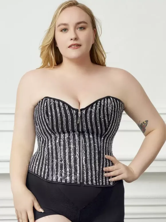 Plus Size Bustier Top Corsets Black Lace-up Zipper Stripes Indoor Chic Lingerie