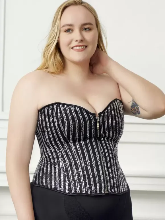 Plus Size Bustier Top Corsets Black Lace-up Zipper Stripes Indoor Chic Lingerie