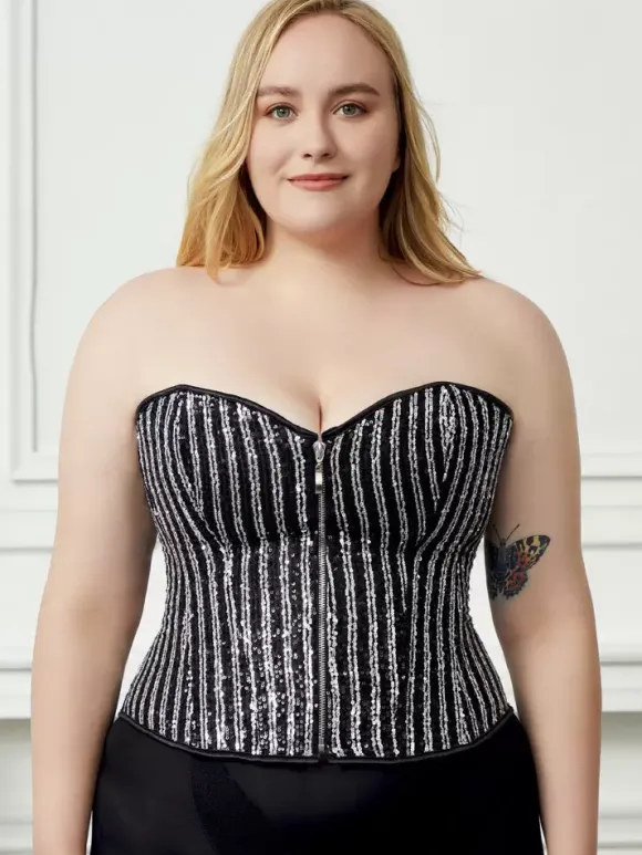 Plus Size Bustier Top Corsets Black Lace-up Zipper Stripes Indoor Chic Lingerie