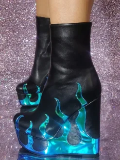 Plus Size Flame Wedge Booties Platform Round Toe Drag Queen Ankle Boots
