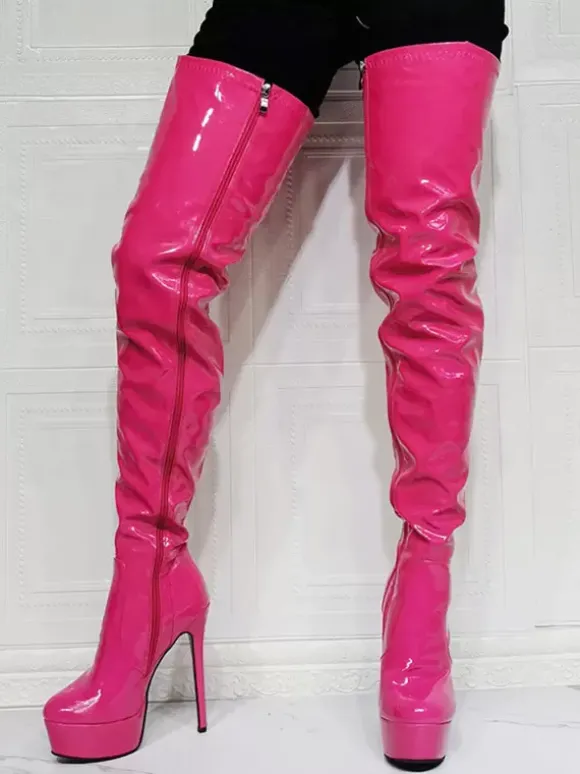 Plus Size Hot Pink Platform Thigh High Heel Boots