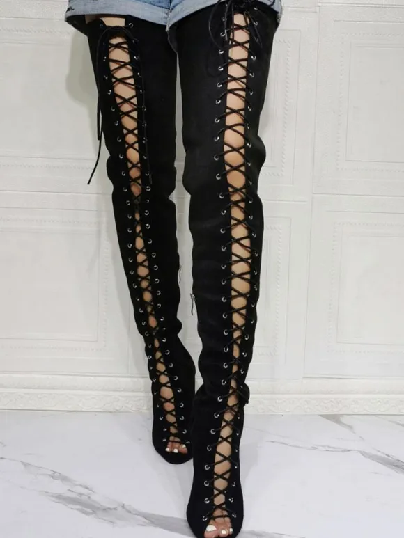 Plus Size Lace Up Thigh High Heel Boots in Black Suede
