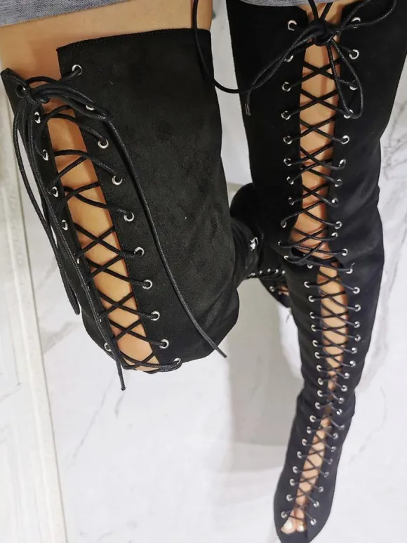 Plus Size Lace Up Thigh High Heel Boots in Black Suede