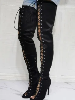 Plus Size Lace Up Thigh High Heel Boots in Black Suede