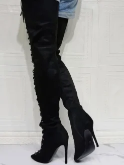 Plus Size Lace Up Thigh High Heel Boots in Black Suede