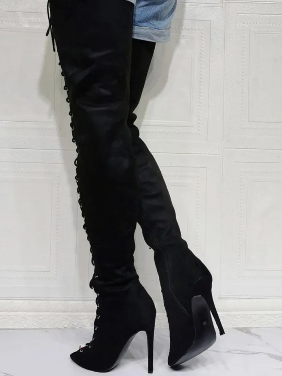 Plus Size Lace Up Thigh High Heel Boots in Black Suede
