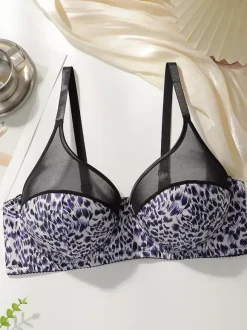 Plus Size Lingerie Full Coverage Bustiers Leopard Print Polyester Seamless Underwire Lingerie