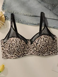 Plus Size Lingerie Full Coverage Bustiers Leopard Print Polyester Seamless Underwire Lingerie