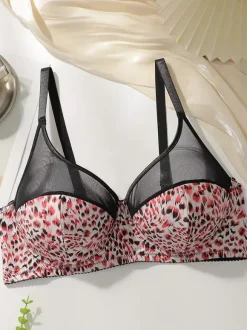 Plus Size Lingerie Full Coverage Bustiers Leopard Print Polyester Seamless Underwire Lingerie