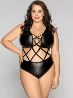 Plus Size Lingerie Wetlook Teddies Shaping Black Crisscross Women Sexy Teddies