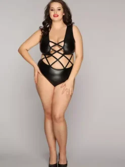 Plus Size Lingerie Wetlook Teddies Shaping Black Crisscross Women Sexy Teddies