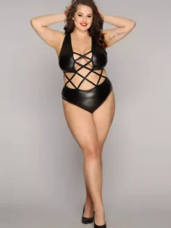Plus Size Lingerie Wetlook Teddies Shaping Black Crisscross Women Sexy Teddies