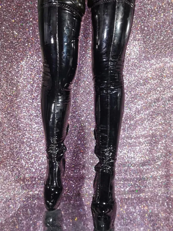 Plus Size Over The Knee Boots Round Toe Stiletto Heel Patent PU Upper