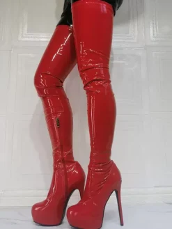 Plus Size Platform Stiletto Heel Thigh High Heel Boots in Red Patent Bright Leather