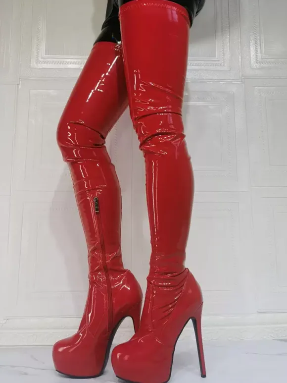 Plus Size Platform Stiletto Heel Thigh High Heel Boots in Red Patent Bright Leather