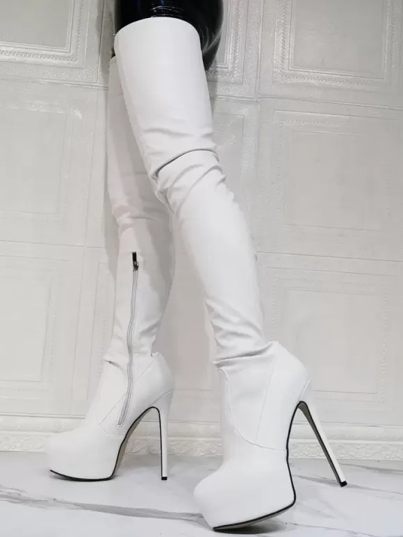 Plus Size Platform Stiletto Heel Thigh High Heel Boots in Red Patent Bright Leather