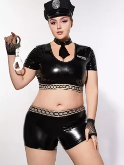 Plus Size Police Officer Costume Set Black Wetlook Crop Top Shorts With Hat Handcuffs Gloves Halloween Outfit