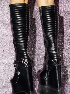 Plus Size PU Leather Wedge Heel Knee-High Boots