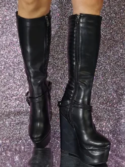 Plus Size PU Leather Wedge Heel Knee-High Boots
