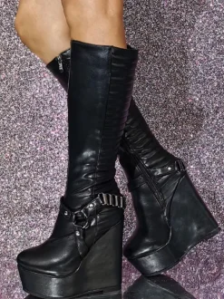 Plus Size PU Leather Wedge Heel Knee-High Boots