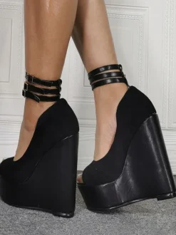 Plus Size Sexy High Heels Black Peep Toe Wedge Heel Sexy Shoes Plus Size Shoes