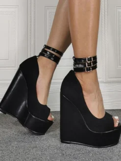 Plus Size Sexy High Heels Black Peep Toe Wedge Heel Sexy Shoes Plus Size Shoes