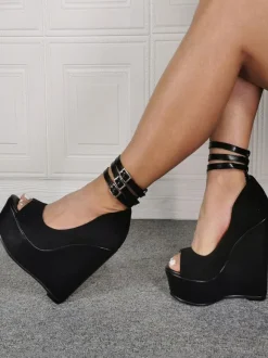 Plus Size Sexy High Heels Black Peep Toe Wedge Heel Sexy Shoes Plus Size Shoes