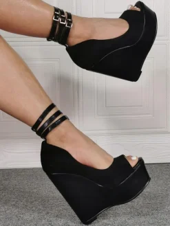 Plus Size Sexy High Heels Black Peep Toe Wedge Heel Sexy Shoes Plus Size Shoes
