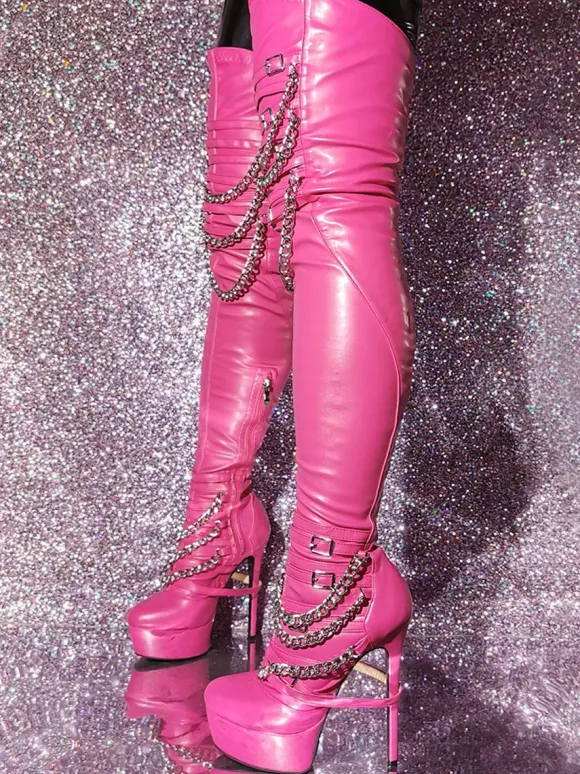 Plus Size Thigh Boots Round Toe Stiletto Heel PU Leather