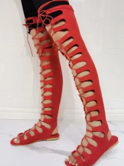 Plus Size Thigh High Lace Up Flat Gladiator Sandals in Suede