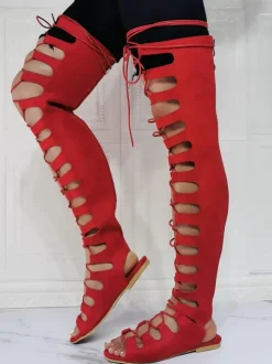 Plus Size Thigh High Lace Up Flat Gladiator Sandals in Suede