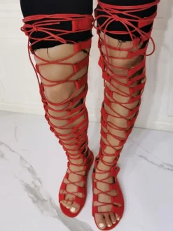 Plus Size Thigh High Lace Up Flat Gladiator Sandals in Suede