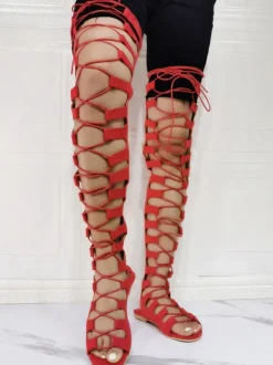 Plus Size Thigh High Lace Up Flat Gladiator Sandals in Suede