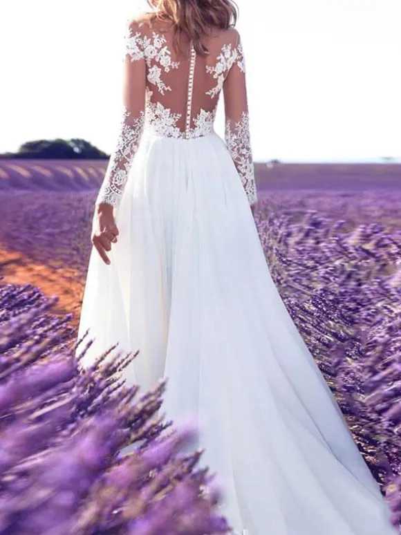 Plus Size Wedding Dresses 2026 V Neck Long Sleeves Floor Length Lace Appliqued Buttons Chiffon Bridal Gowns